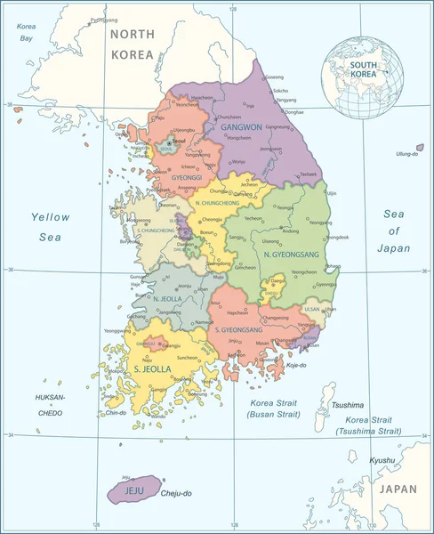 Mapa Corea Del Sur Ilustración Vectorial Muy Detallada — Vector de stock