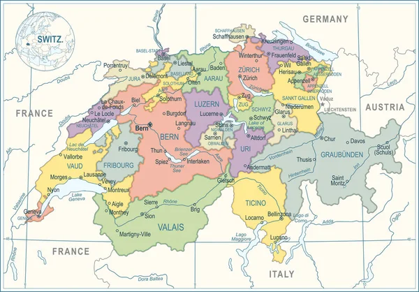 Mapa Szwajcarii Bardzo Szczegółowa Ilustracja Wektora — Wektor stockowy
