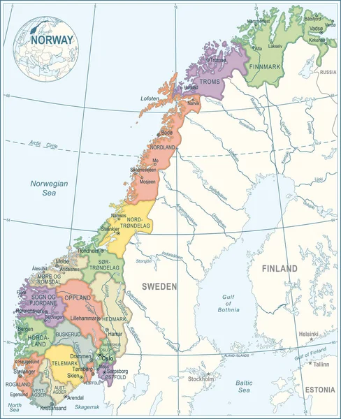 Карта Норвегии Детальная Векторная Иллюстрация — стоковый вектор