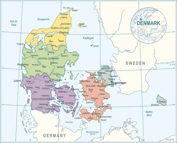 Karte Von Dänemark Hohe Details Vektorillustration — Stockvektor