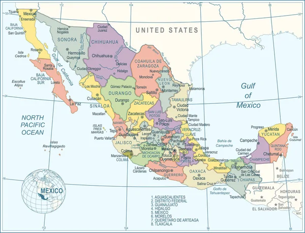 Mappa Del Messico Illustrazione Vettoriale Altamente Dettagliata — Vettoriale Stock