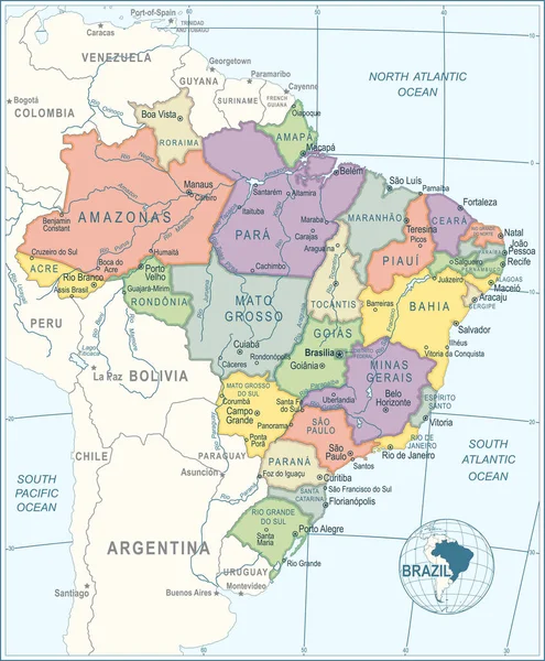 Brezilya Haritası Çok Detaylı Vektör Illüstrasyonu — Stok Vektör