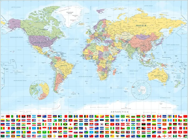 Kaart Van Wereld Vlaggen Zeer Gedetailleerde Vectorillustratie — Stockvector