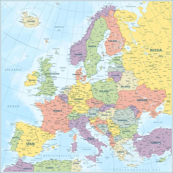 Χάρτης Της Ευρώπης Λεπτομερής Εικονογράφηση Διανυσμάτων — Διανυσματικό Αρχείο