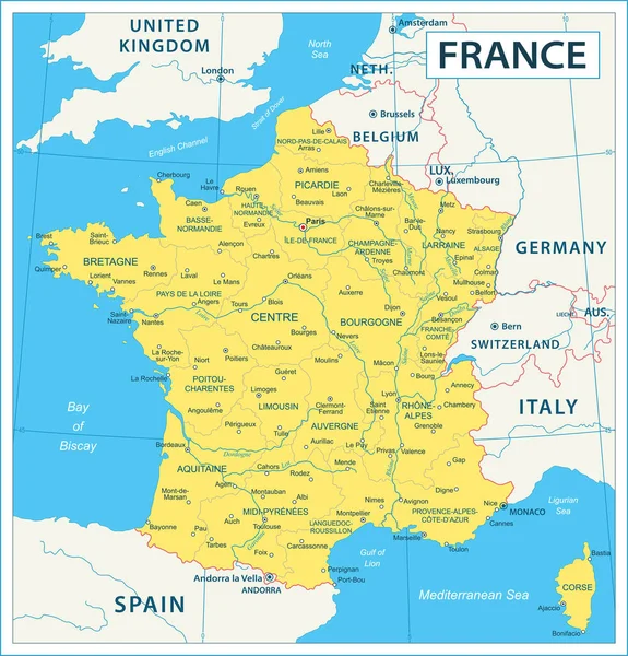 Karte Von Frankreich Hohe Details Vektorillustration — Stockvektor
