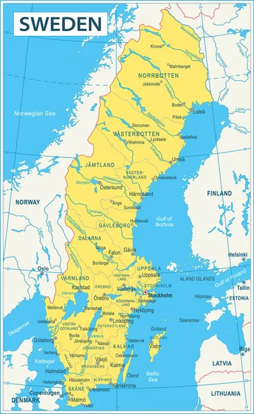 Mapa Suécia Ilustração Vetorial Detalhes Elevados —  Vetores de Stock