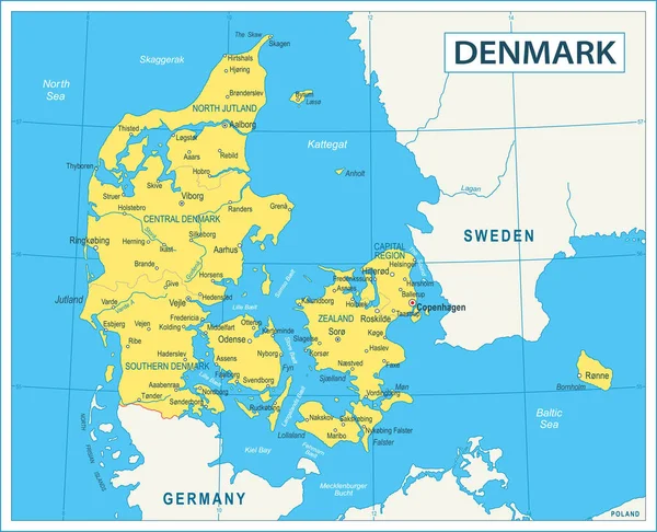 Карта Дании Детальная Векторная Иллюстрация — стоковый вектор