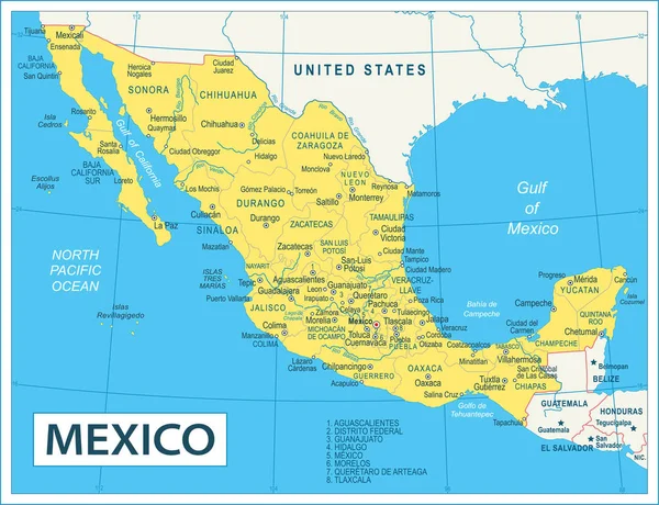 Meksika Haritası Çok Detaylı Vektör Illüstrasyonu — Stok Vektör