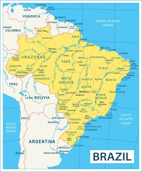 Mapa Brazílie Velmi Podrobná Vektorová Ilustrace — Stockový vektor