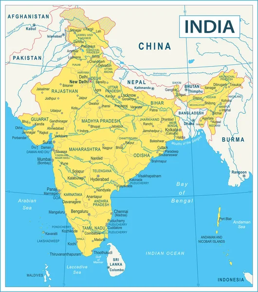 Mapa Índia Ilustração Vetorial Altamente Detalhada —  Vetores de Stock