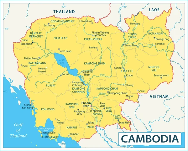 Mapa Camboya Ilustración Vectorial Altamente Detallada — Vector de stock