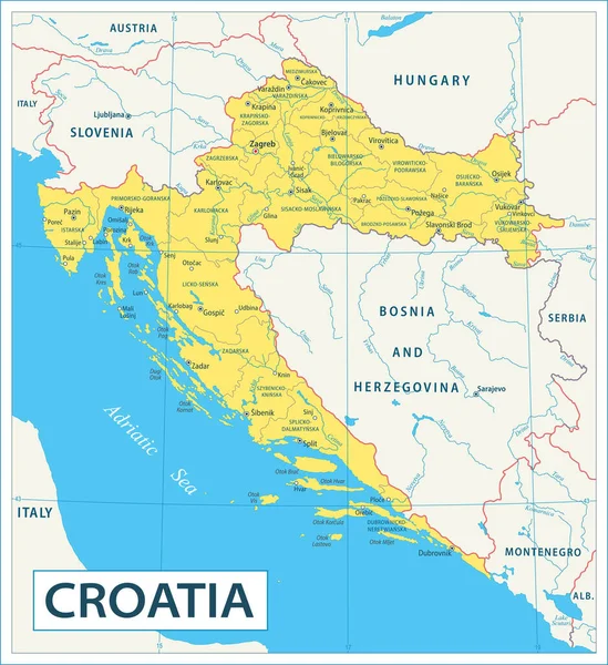 Карта Хорватии Высокодетальная Векторная Иллюстрация — стоковый вектор