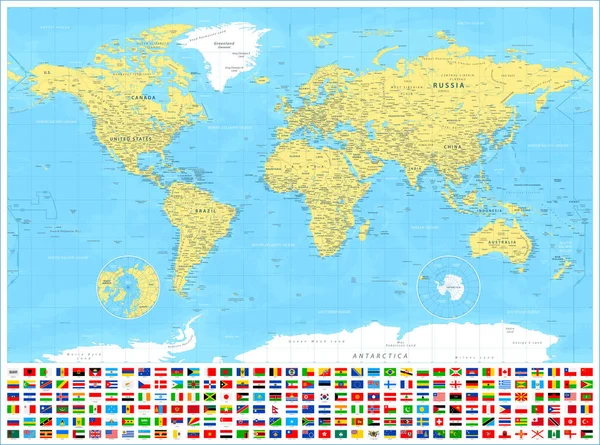 Χάρτης Του Κόσμου Και Σημαίες Εξαιρετικά Λεπτομερής Απεικόνιση Διάνυσμα — Διανυσματικό Αρχείο
