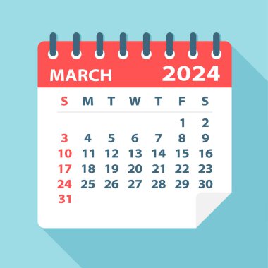 Mart 2024 Takvim Yaprağı - Vektör İllüstrasyonu