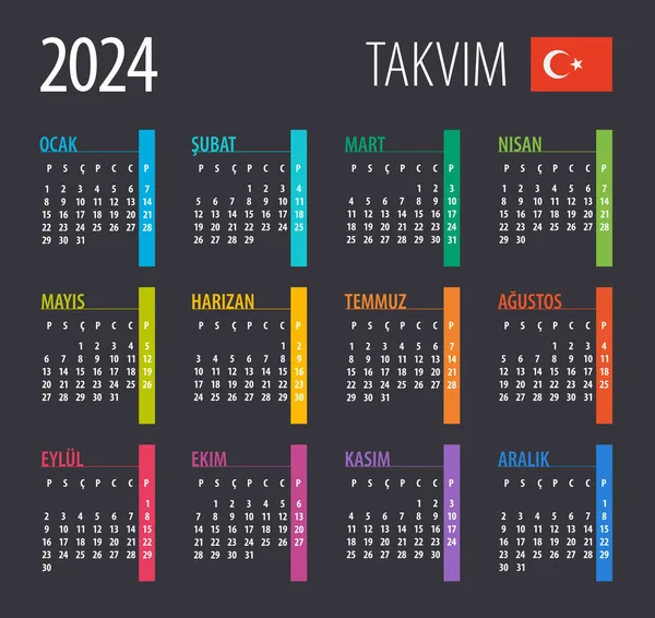 Kalender 2024 Vektorabbildung Vorlage Attrappe Auf Türkische Version — Stockvektor