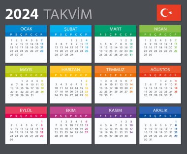 2024 takviminin vektör şablonu - Türkçe sürümü