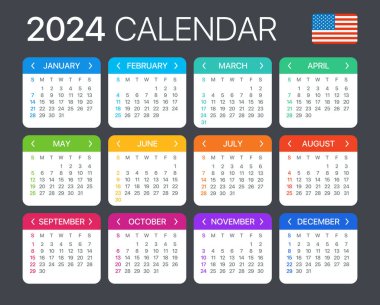 2024 Takvim - vektör şablonu grafik çizimi - ABD sürümü