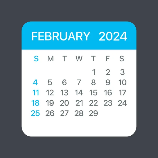 Februari 2024 Kalender Blad Vector Sjabloon Grafische Illustratie — Stockvector