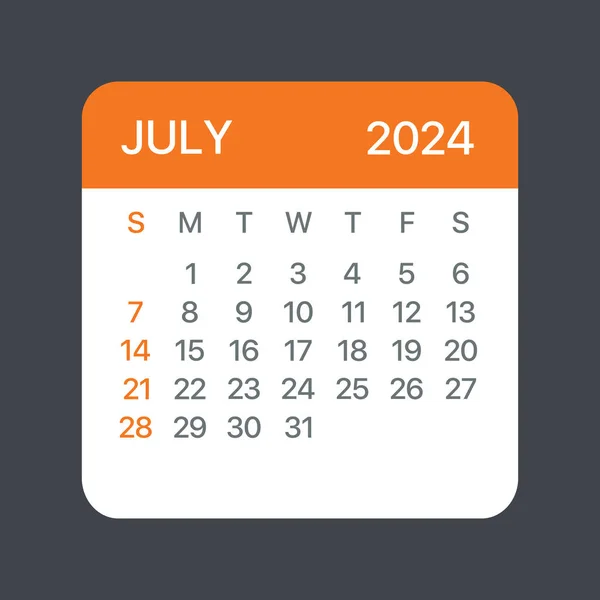 Juli 2024 Kalender Blad Vector Sjabloon Grafische Illustratie — Stockvector