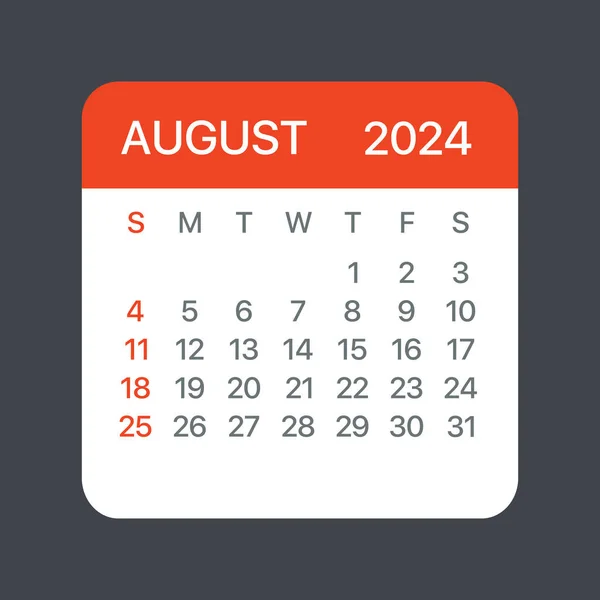 Sierpień 2024 Kalendarz Liść Wektor Szablon Graficzny Ilustracja — Wektor stockowy
