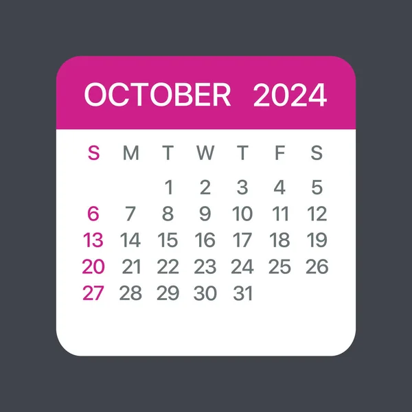 Ekim 2024 Takvim Yaprağı Vektör Şablonu Grafik Llüstrasyonu — Stok Vektör