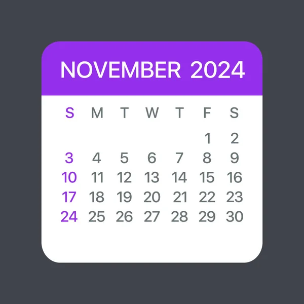 Νοέμβριος 2024 Ημερολόγιο Φύλλο Διάνυσμα Πρότυπο Γραφική Απεικόνιση — Διανυσματικό Αρχείο