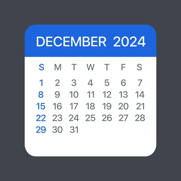 Diciembre 2024 Hoja Calendario Vector Plantilla Gráfica Ilustración — Vector de stock