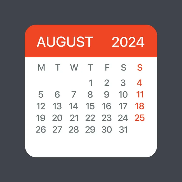 Augustus 2024 Kalender Blad Vector Sjabloon Grafische Illustratie — Stockvector