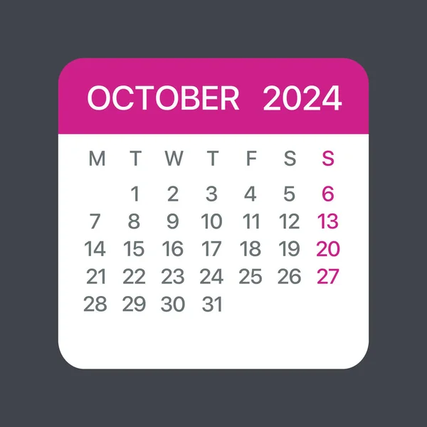 Oktober 2024 Kalenderblatt Vektorschablone Grafische Illustration — Stockvektor