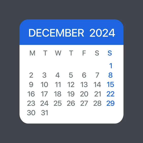 Diciembre 2024 Hoja Calendario Vector Plantilla Gráfica Ilustración — Vector de stock