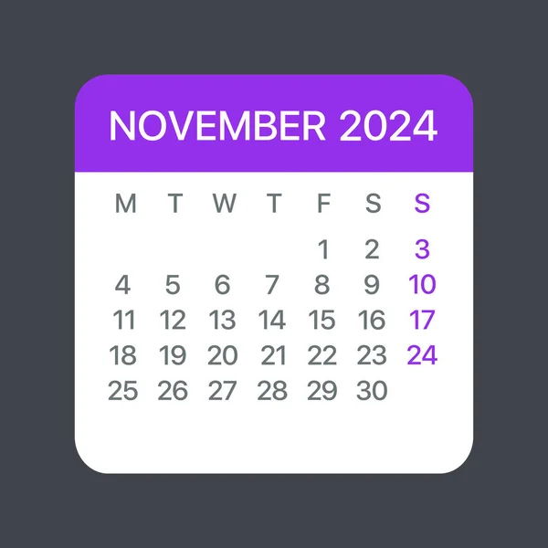 November 2024 Kalenderblatt Vektorschablone Grafische Illustration — Stockvektor