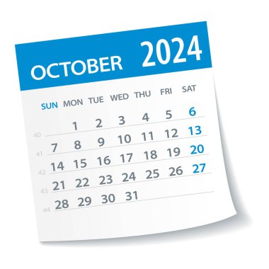 Ekim 2024 Takvim Yaprağı. Hafta pazartesi günü başlıyor. Vektör İllüstrasyonu