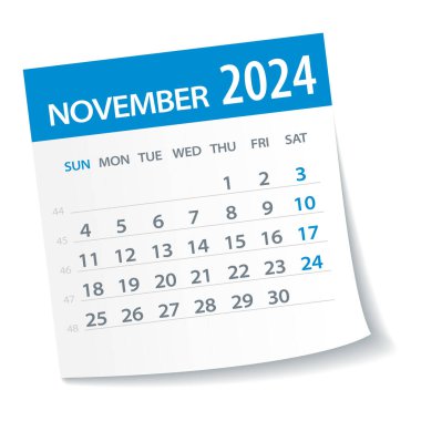 Kasım 2024 Takvim Yaprağı. Hafta pazartesi günü başlıyor. Vektör İllüstrasyonu