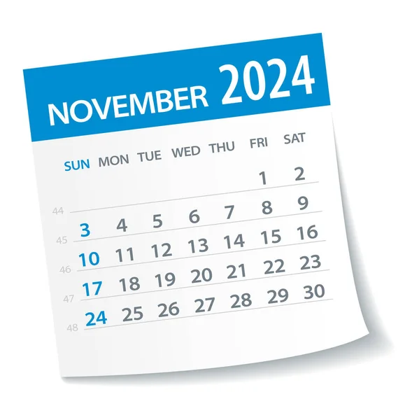 Noiembrie 2024 Calendar Leaf Ilustrație Vectorială — Vector de stoc
