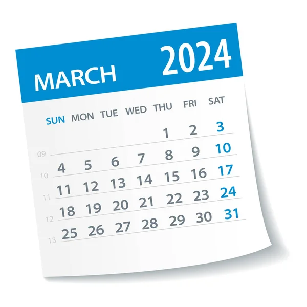Março 2024 Folha Calendário Semana Começa Segunda Feira Ilustração Vetorial — Vetor de Stock