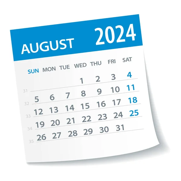 2024年8月カレンダー葉 週は月曜日に始まります ベクターイラスト — ストックベクタ