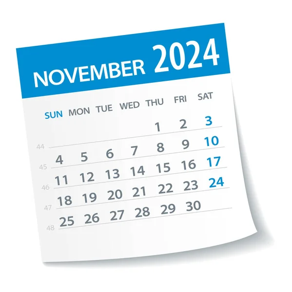 Noiembrie 2024 Calendar Leaf Săptămâna Începe Luni Vector Illustration — Vector de stoc