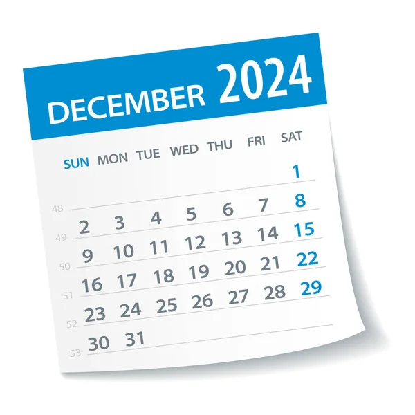 Decembrie 2024 Calendar Leaf Săptămâna Începe Luni Vector Illustration — Vector de stoc