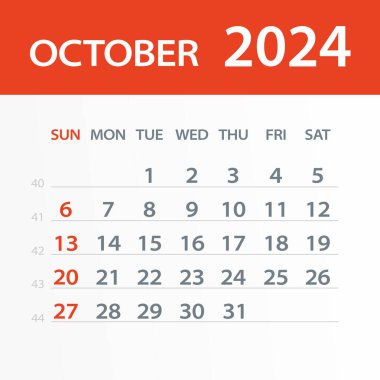 Ekim 2024 Takvim Yaprağı - Vektör İllüstrasyonu