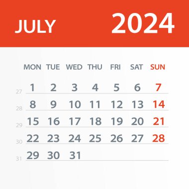 Temmuz 2024 Yaprak Takvimi - Vektör İllüstrasyonu. Hafta pazartesi başlıyor.