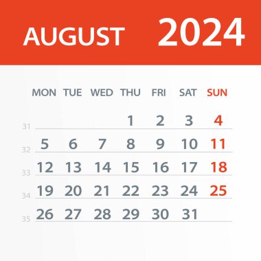 Ağustos 2024 Takvim Yaprağı - Vektör İllüstrasyonu