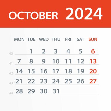 Ekim 2024 Yaprak Takvimi - Vektör İllüstrasyonu. Hafta pazartesi başlıyor.