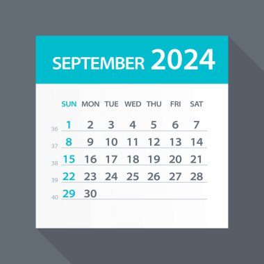 Eylül 2024 Yeşil Yaprak Takvimi - Vektör İllüstrasyonu