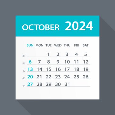 Ekim 2024 Yeşil Yaprak Takvimi - Vektör İllüstrasyonu