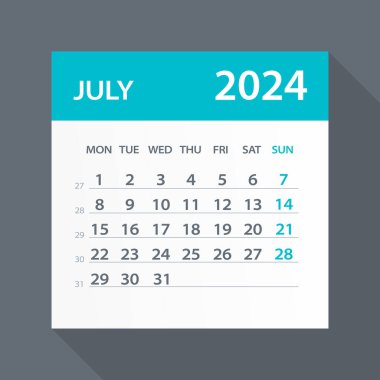 Temmuz 2024 Yeşil Yaprak Takvimi - Vektör İllüstrasyonu. Hafta pazartesi başlıyor.