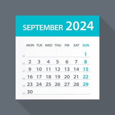 Ağustos 2024 Yeşil Yaprak Takvimi - Vektör İllüstrasyonu. Hafta pazartesi başlıyor.