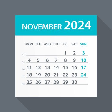 Kasım 2024 Yeşil Yaprak Takvimi - Vektör İllüstrasyonu. Hafta pazartesi başlıyor.