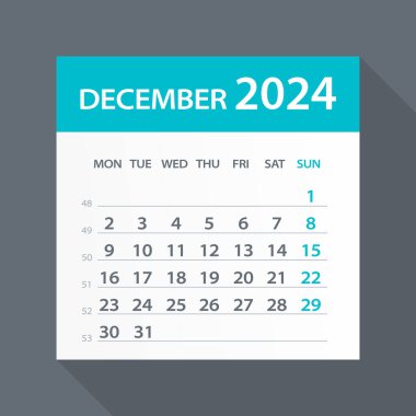 Aralık 2024 Yeşil Yaprak Takvimi - Vektör İllüstrasyonu. Hafta pazartesi başlıyor.