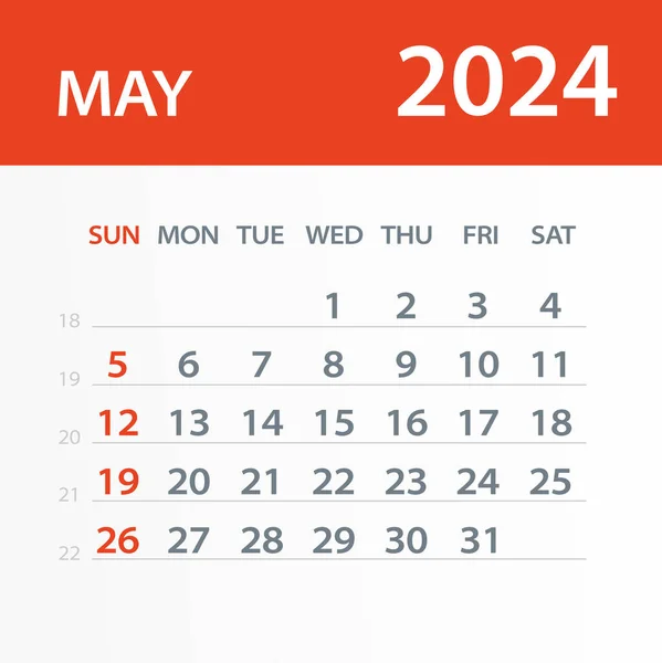 Maio 2024 Folha Calendário Ilustração Vetorial — Vetor de Stock