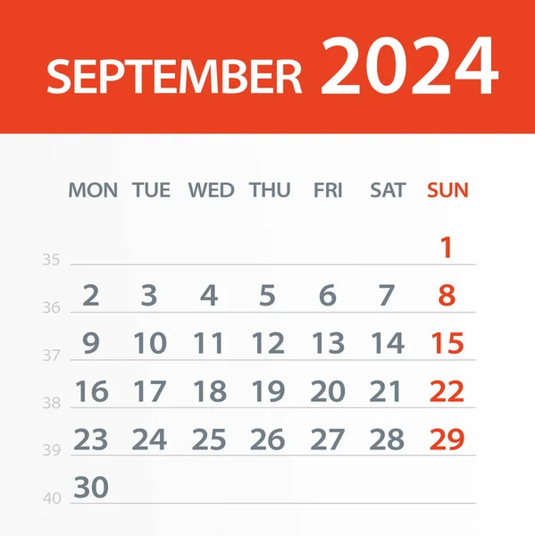 Septembrie 2024 Calendar Leaf Vector Illustration Săptămâna Începe Luni — Vector de stoc
